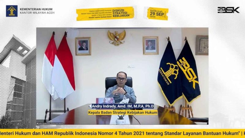 Kepala BSK Hukum Kemenkumham, Andry Indrady, saat membuka Diskusi Strategi Kebijakan secara virtual dari Banda Aceh, Senin (29/9/2025).
