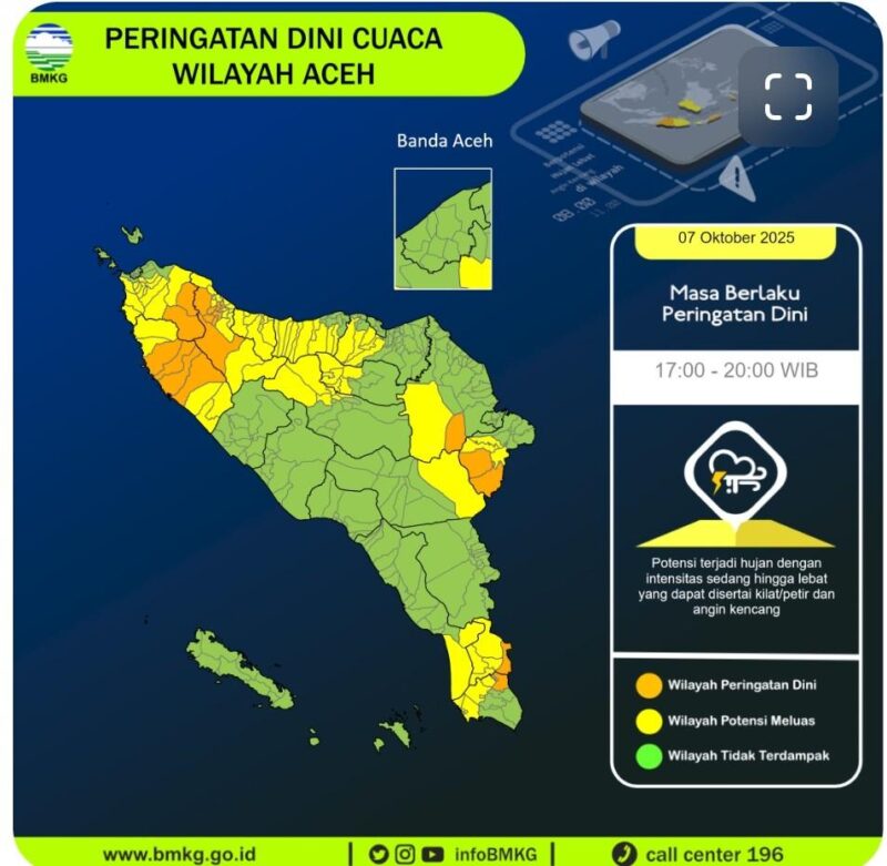 Langit mendung menyelimuti wilayah Aceh. BMKG mengimbau warga tetap waspada terhadap potensi hujan lebat, petir, dan angin kencang sore hingga malam hari.
