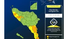 Peta Peringatan Dini BMKG: Sejumlah Wilayah Aceh Berstatus Siaga Hujan Lebat dan Petir, 7 Desember 2025.