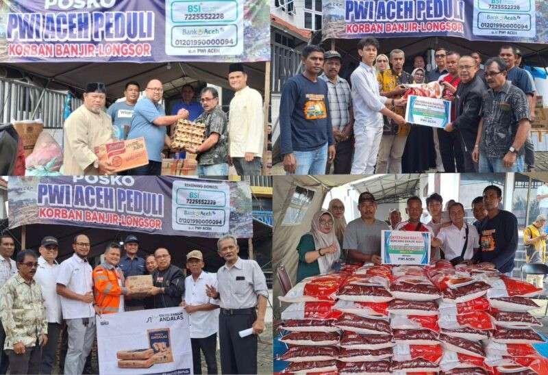 Ketua PWI Aceh Nasir Nurdin menerima bantuan 1,5 ton beras dari Direktur PT Wajib Usaha Mix (WU), Sanusi Yahlem, dan PT SBA di Posko PWI Aceh Peduli. Bantuan tersebut akan dikirim ke sejumlah daerah terdampak banjir dan longsor di Aceh.