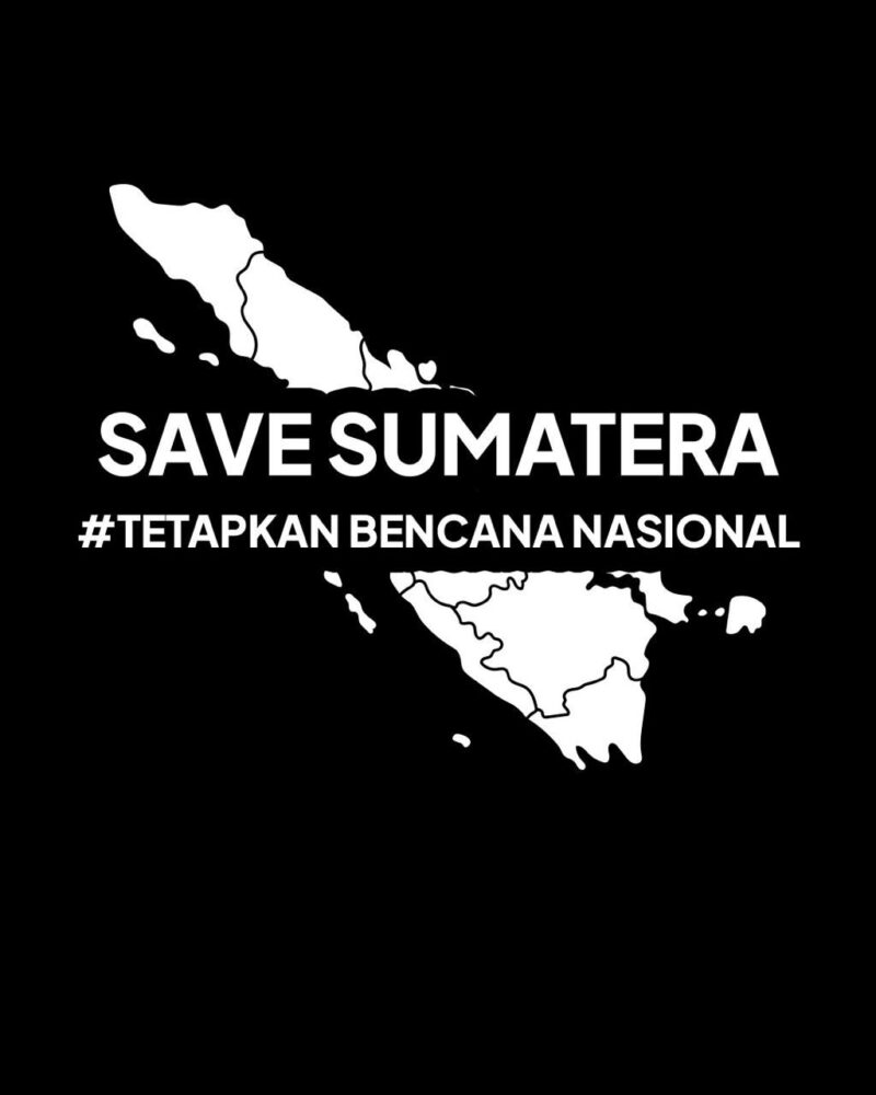 Ilustrasi solidaritas Save Sumatera sebagai bentuk desakan publik agar banjir di Aceh, Sumatera Utara, dan Sumatera Barat ditetapkan sebagai bencana nasional.