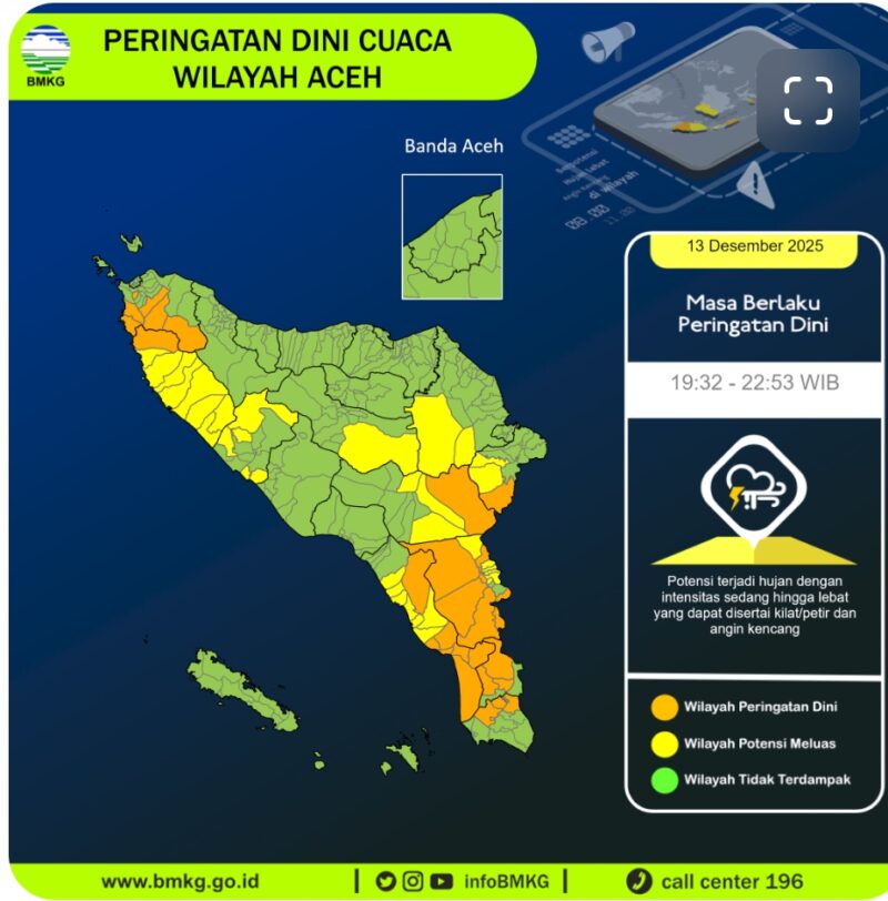 Peta peringatan dini cuaca BMKG Aceh, Sabtu (13/12/2025) pukul 19.22 WIB. Hujan lebat disertai petir dan angin kencang berpotensi hingga malam.